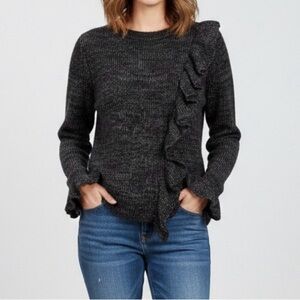 Rebecca Taylor women black grey side ruffle crew neck long sleeve sweater top M